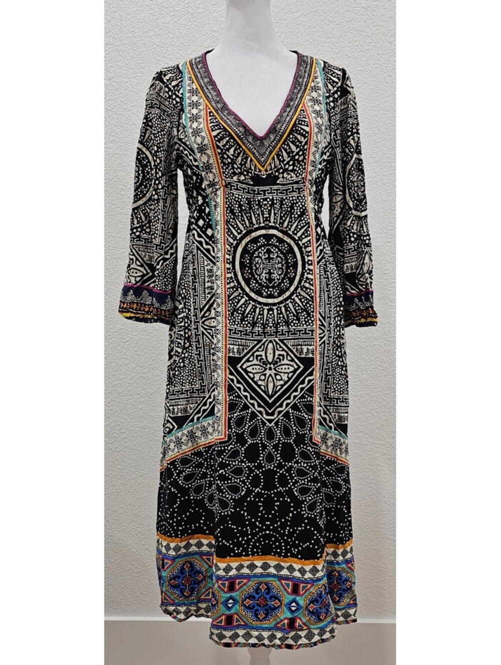 Flying Tomato Women M Black White Tribal Boho Geometric Midi Dress Rayon
